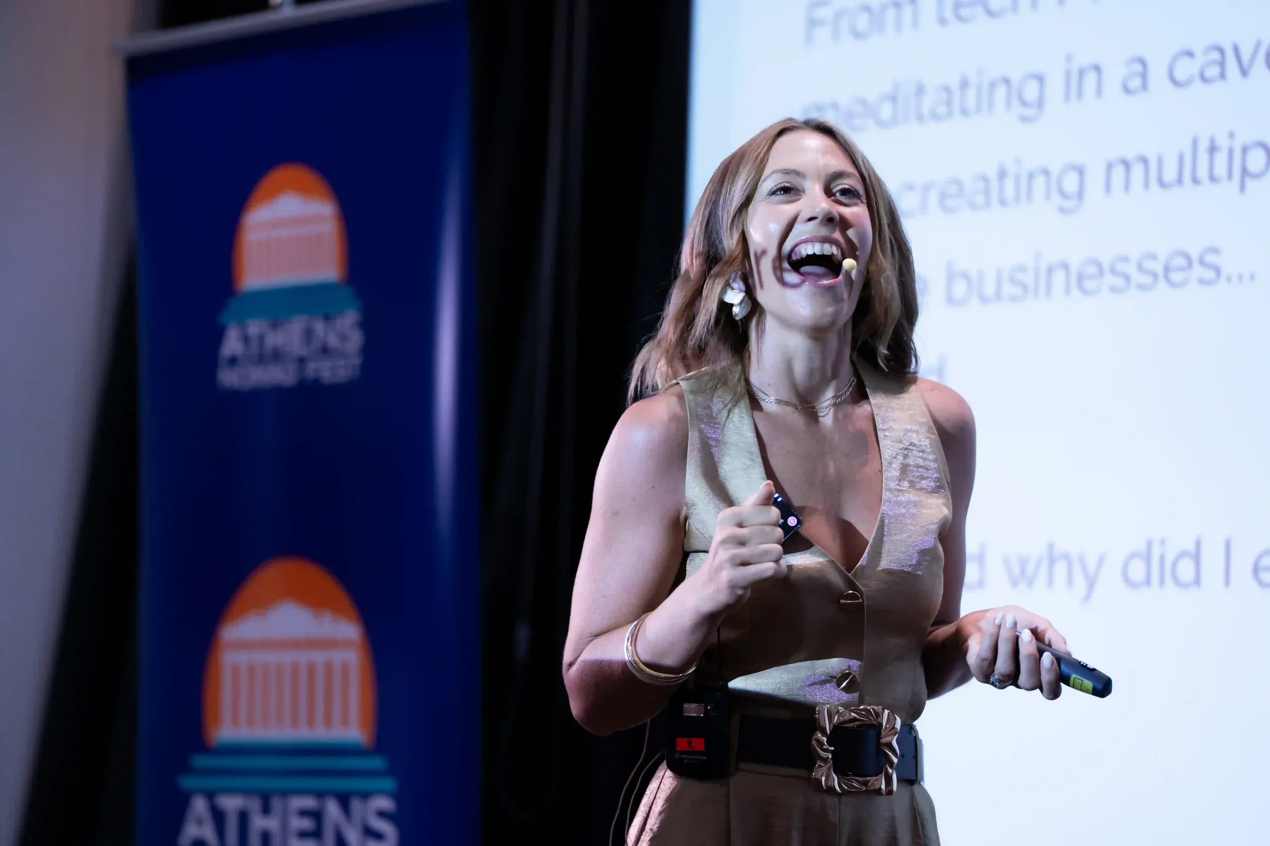 Emma Maidment delivering a keynote at Athens Nomad Fest, 2025